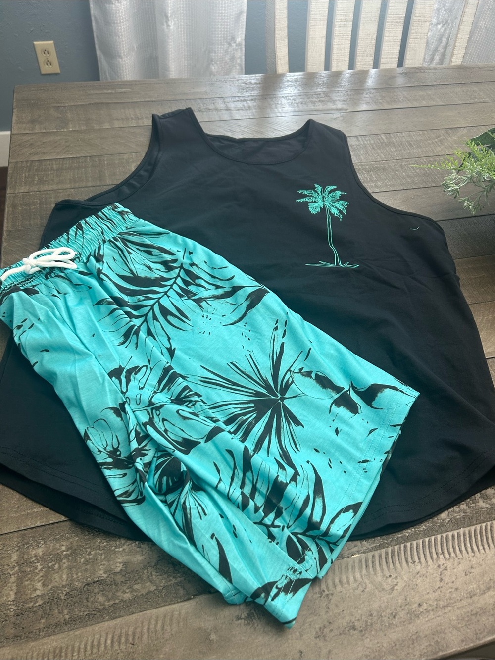 SHEIN (New) Black Tank Top with Teal Palm Print XL & Teal Floral Shorts XL